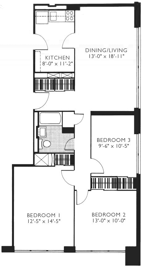 Floor plan for 3 beds, 1 bath, 1003 sqft